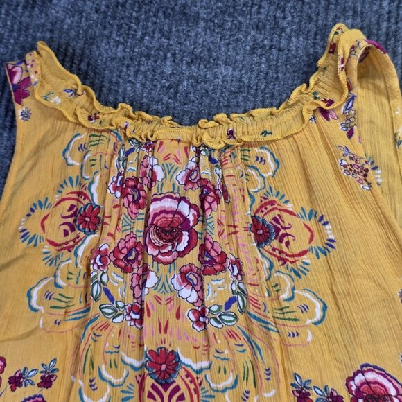 Bila Blouse Womens Small Yellow Boho Floral Sleeveless Ruffle Hem Rayon Top - Picture 10 of 10